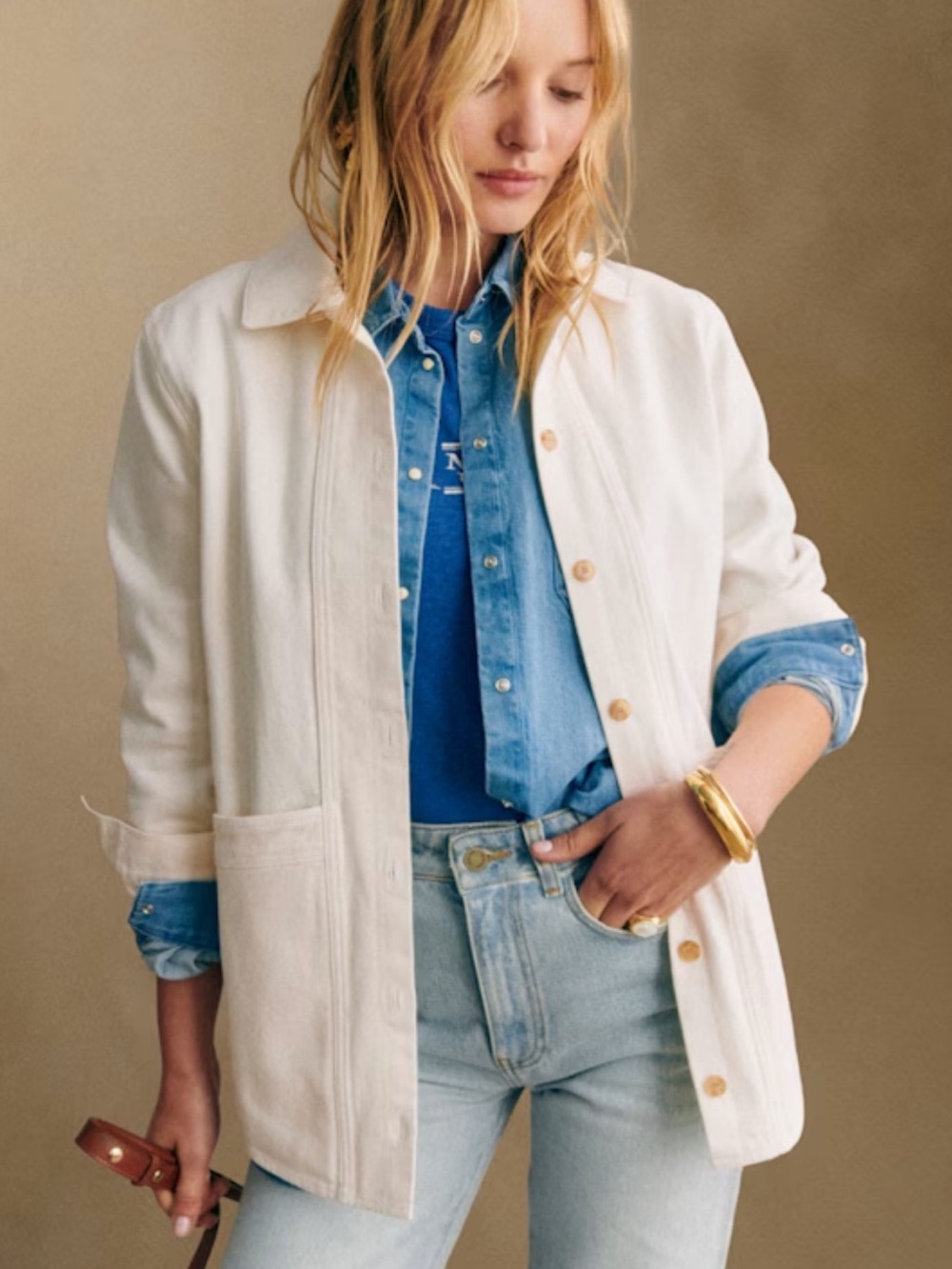 Sezane Cream Button-Front Jean Jacket